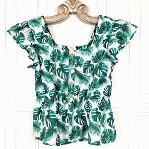 Tropical Leaf Print Top Medium Palm Banana Flutter Sleeve Peplum Green White